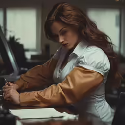 the young woman is sitting at the desk writing something