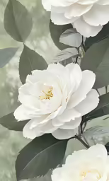 some white flowers with green leaves on a table