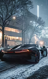 a supercar on a snowy street in front of a building