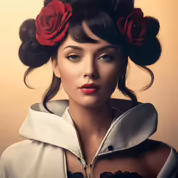 the woman with flowers is wearing a white coat