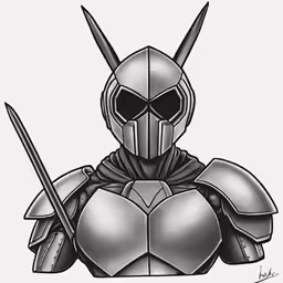 a drawing of a knights helmet holding two swords