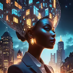 a woman in a suit and earring stands against the backdrop of a cityscape