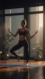 young female doing yoga in front of a window