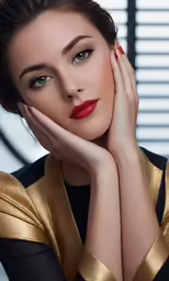 woman with red lips leaning on her face wearing a gold jacket