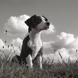 a black and white dog in the grass with clouds