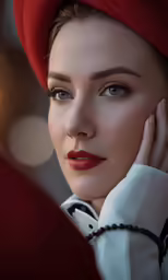 a woman wearing a red hat with eyes close