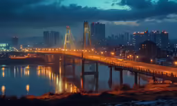 a cityscape of a bridge lit up at night