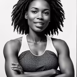 a black and white photo of a smiling woman with long dreadlocks