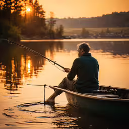 an elderly man is sitting on a boat while fishing,a man in a boat is fishing on the lake