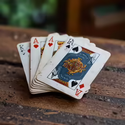 four decked up playing cards on top of a wooden table