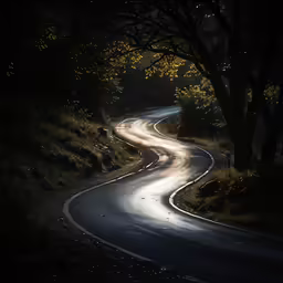 a winding road with a tree lined curve