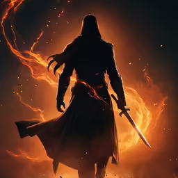 a hooded figure with sharp knives in front of fiery sky