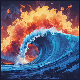 a painting of an ocean wave and orange fire,a painting of waves breaking through the water