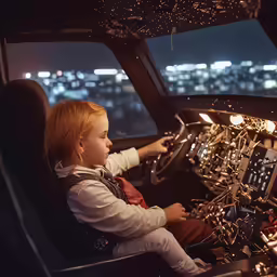 young boy pilot looking out the window of a small airplane