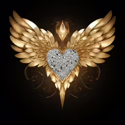 a golden heart with an angel wings and two stars