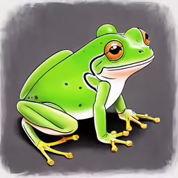 a green frog sits on the ground