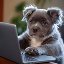 a cute puppy with blue eyes looking out from a laptop