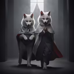 two white dogs dressed as knights, standing in an empty room