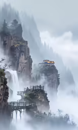 a mountain top town above the foggy waters