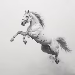a white horse with black markings jumps into the air