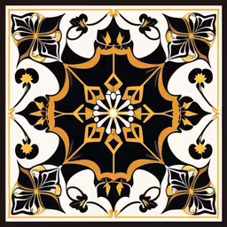 black, yellow and white abstract floral tile,a square tile with different designs on it,a square design of flowers with different colors,a square picture with many abstract flowers in black and gold,a square tile with many different designs