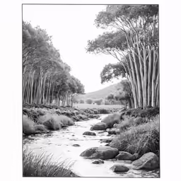 the creek is clear and winding among trees
