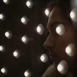 a woman stares at something that is white