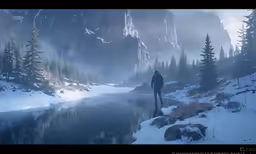 the person is walking near a lake on snow