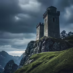 two stone towers stand on the side of a grassy hill