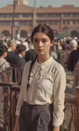 a woman is standing in the middle of the crowd