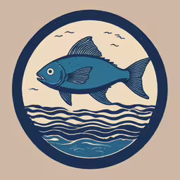 blue fish on brown paper with waves,a blue fish on brown background in an oval