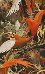 a red bird in flight with wings extended