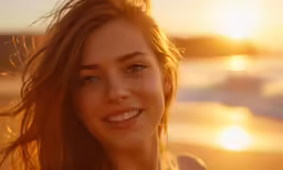 a woman on the beach smiles and looks at the camera