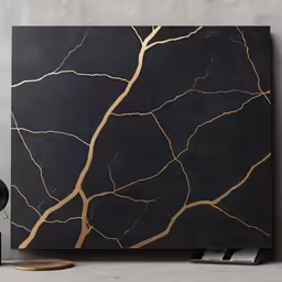 a painting with gold foil paint lines in black