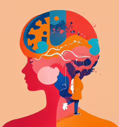 a painting with two faces of people connected to one another,a person with a red jacket and orange coat next to two colorful images