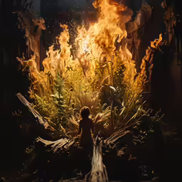 the woman stands in front of an enormous fire