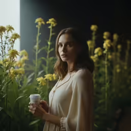 a woman stands holding a coffee cup, near some yellow flowers