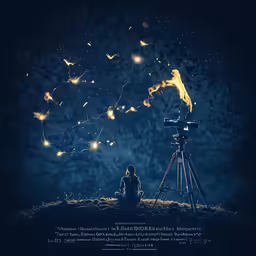 the girl sits by a camera watching the night sky