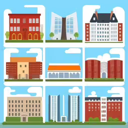 the different types of buildings on a blue background,a set of different buildings and buildings in flat style