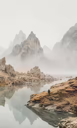 a lone man looking across a body of water with mountains in the background