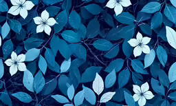 a close up of leaves and flowers against a blue background