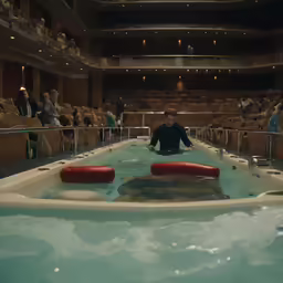 people sitting in auditorium seats looking at the water