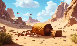there is a yellow bag that is on the ground in the desert