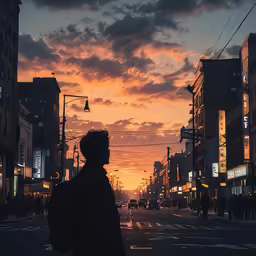 a man walks down a city street at sunset