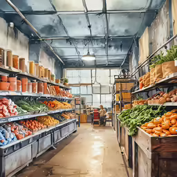 an indoor market with oranges, lettuce and other vegetables