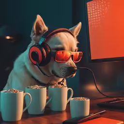 a white dog wearing headphones and glasses sitting at a desk