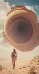 the woman is walking in front of a huge object