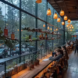 a person sits at a long table in front of a window