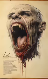a creepy, demonic art work of an old man with the tongue hanging out