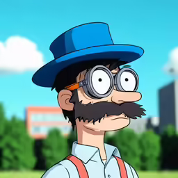 cartoon of a man with a blue hat and moustache looking over his shoulder